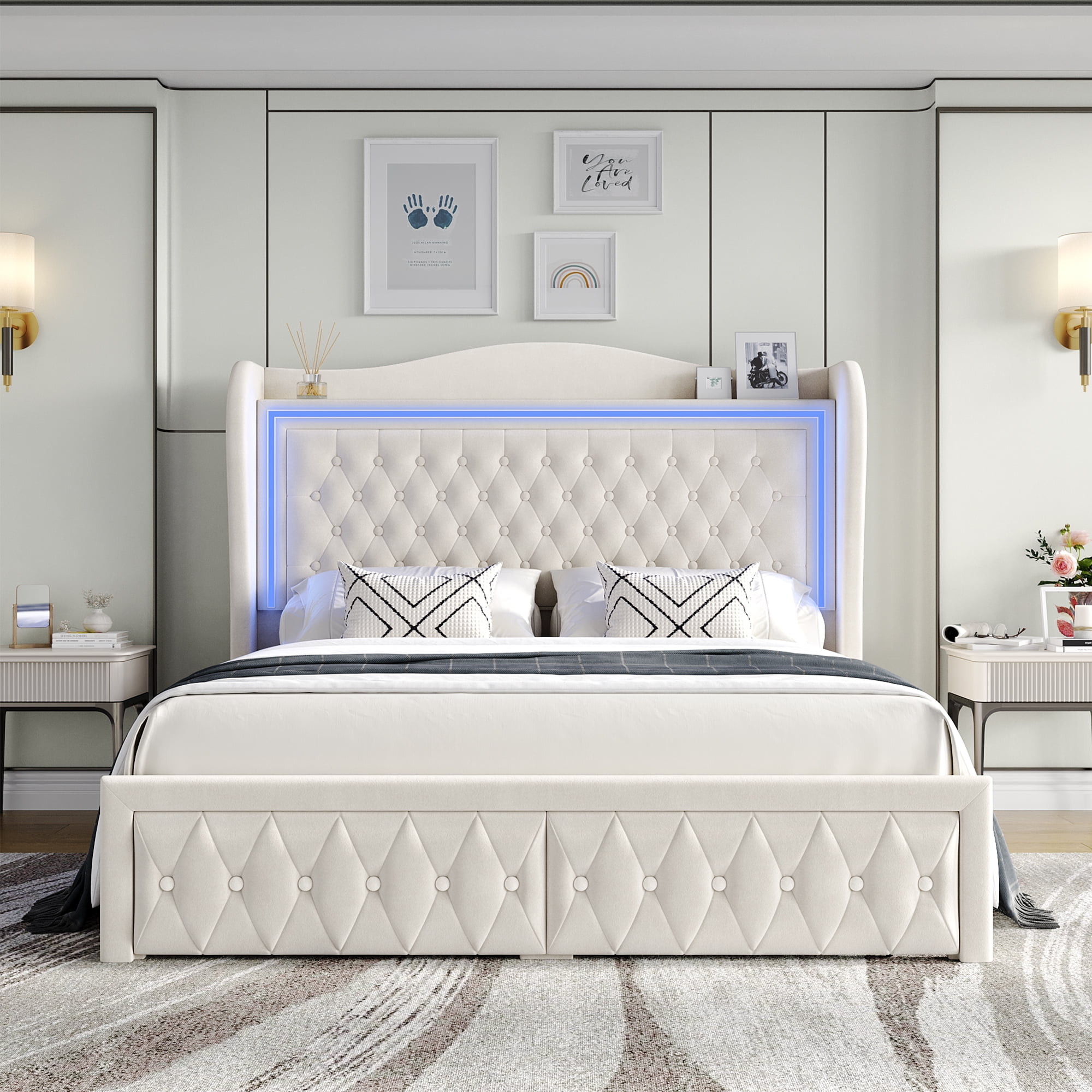 Homfa Queen Size LED Bed Frame with Storage Drawers, 54in Tall Velvet Upholstered Headboard Platform Bed with Wingback Buttons Headboard, Beige