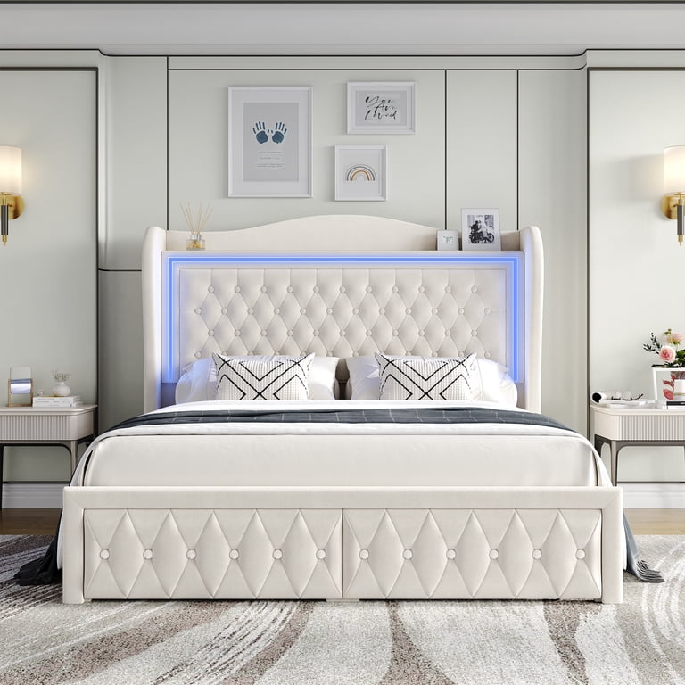 Homfa Queen LED Platform Bed, 54in Velvet Headboard with Storage photo 5
