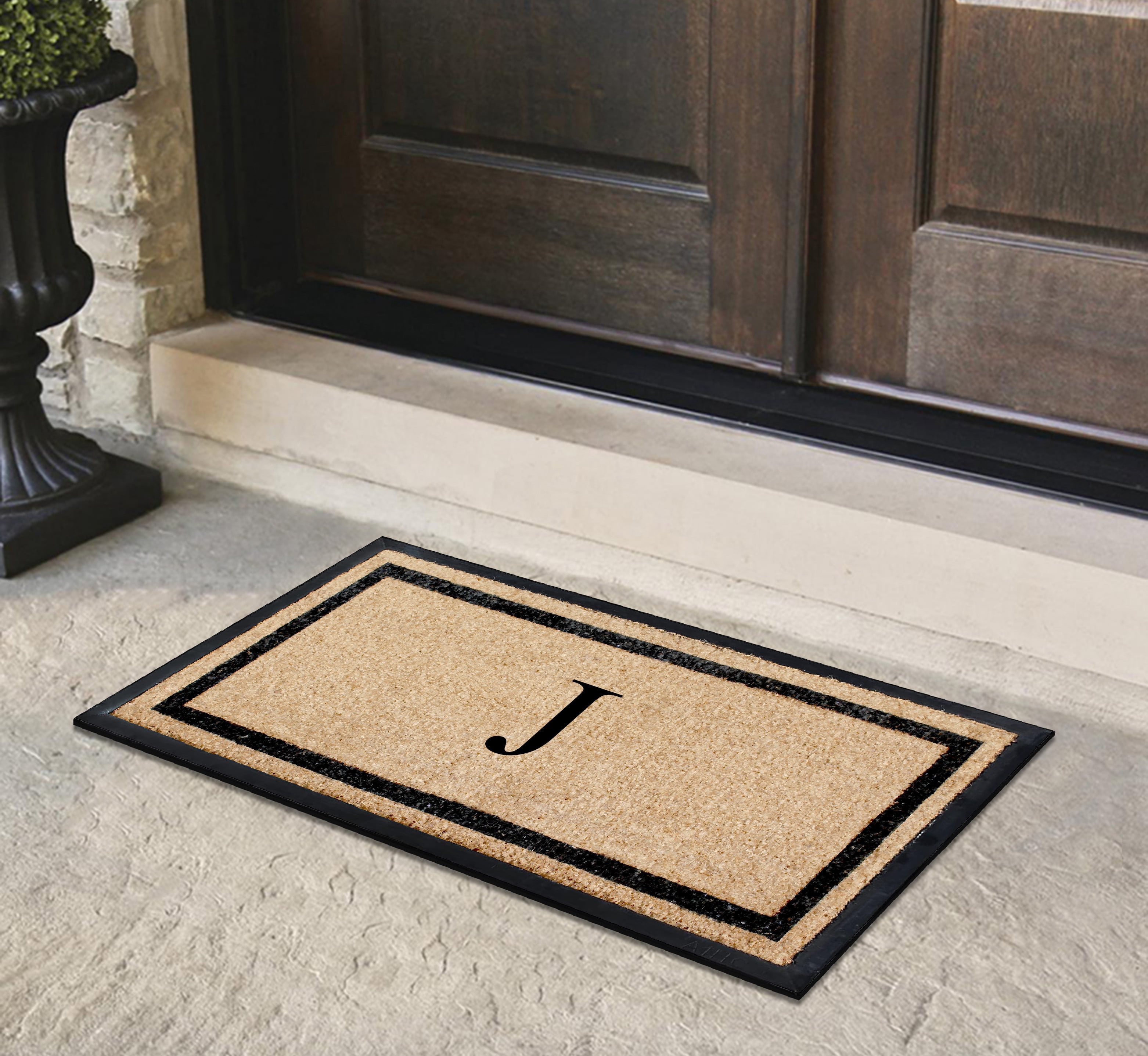A1HC Rubber and Coir Door Mat Heavy Weight Large Entry Mat Outdoor Durable Monogrammed J Doormat 24"X48", Beige