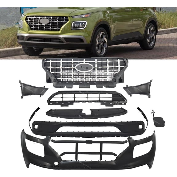 JX RACING Front Bumper Upper Lower Grille with Trim Cover, Compatible with Hyundai Venue 2020-2025, Black Plastic, 7-Piece Set