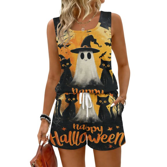 Women's Halloween Pajamas Matching Halloween Pajamas Halloween Pjs Womens Lounge Set Halloween Pajama Set Summer Pajamas for Women Set 2 Piece Pjs Sets Sleeveless Sleepwear, Black, L
