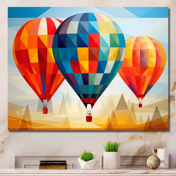 Designart Décoration Murale Montgolfière, art Mural Montgolfière, Élégance Géométrique Montgolfière Colorée, art Mural Moderne Extra Grand sur Toile, 44x34 Pouces