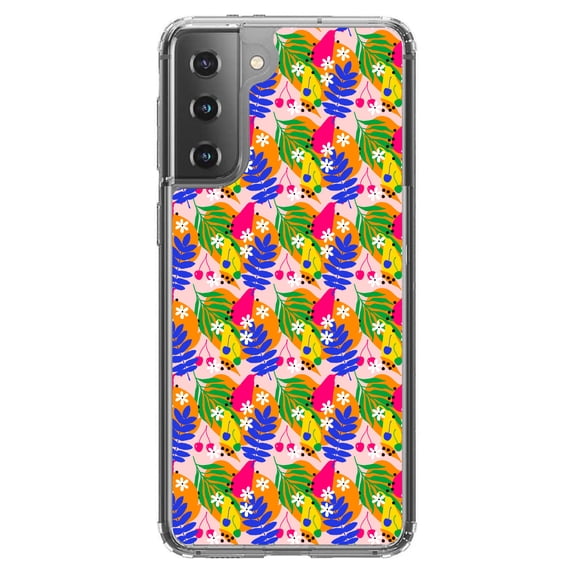 DistinctInk Clear Shockproof Hybrid Case for Galaxy S21  PLUS 5G (6.7" Screen) - TPU Bumper, Acrylic Back, Tempered Glass Screen Protector - Summer Vibes Floral Pattern Blue Orange Pink