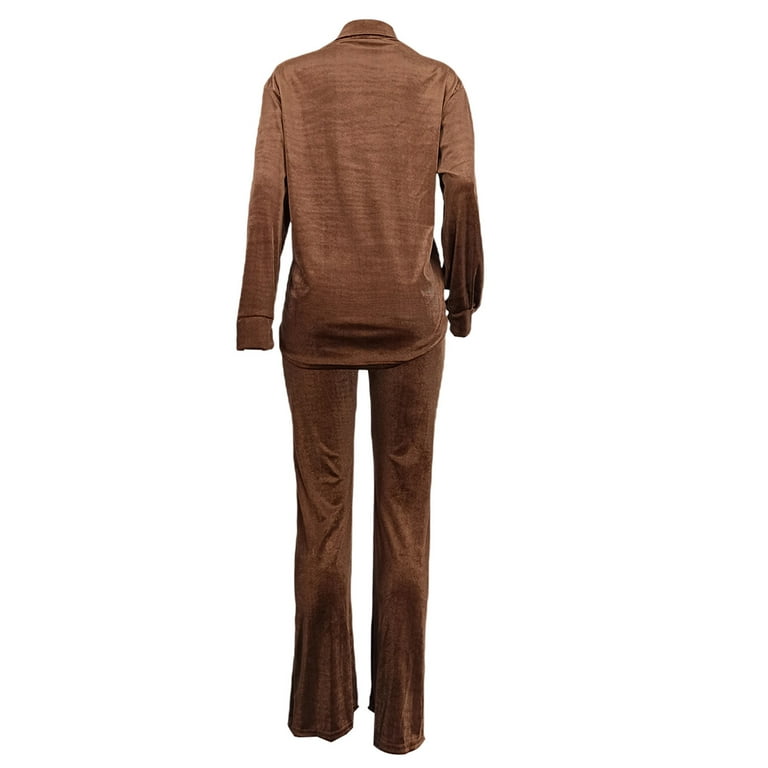 Faiwad Women s 2 Piece Outfit Velour Button Down Crop Lapel Coat and Slim Bootcut Long Pants Tracksuit Set Size Small Brown
