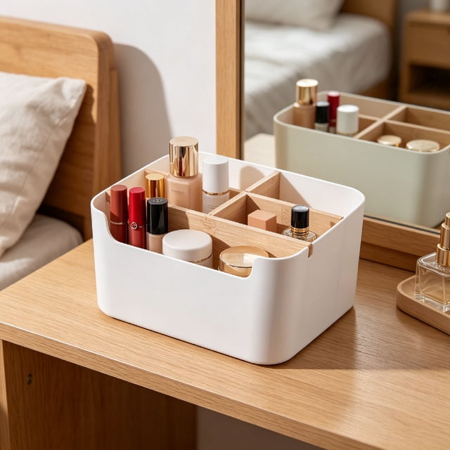 Caja de almacenamiento de escritorio con 5 compartimentos divididos, organizador de plástico impermeable para cosméticos, controles remotos, papelería y accesorios pequeños, 18.2x14.8x9.7 cm