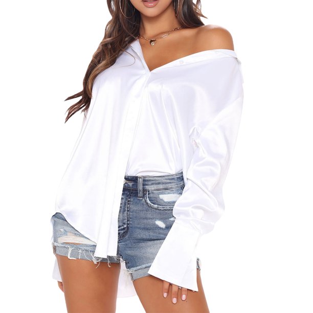 Sunloudy otoño señoras suelta camisa de longitud media, mujeres estilo de ocio Color sólido solapa Irregular manga larga Tops blusa de un solo pecho Sunloudy moda