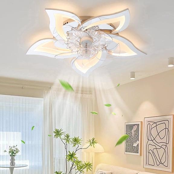 Eowynic 27 Inch Modern Ceiling Fan with Light, Remote Control, Flush Mount, DC Motor, 6 Speed, Flower-Shaped, Silver