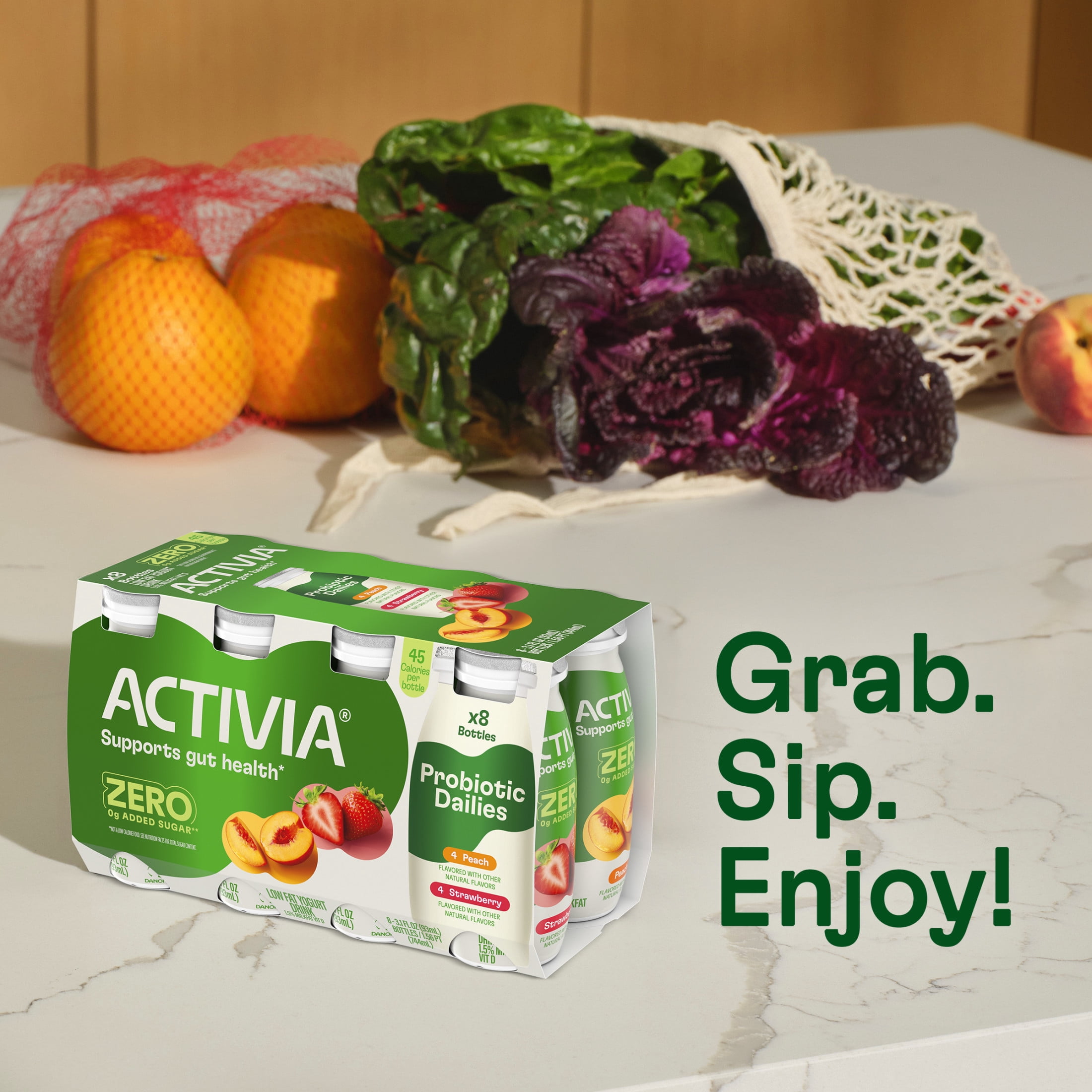 Activia ZERO 0g Added Sugar Peach and Strawberry Probiotic Dailies Low Fat Yogurt Drinks, Helps Support Gut Health, 3.1 fl oz, 8 Count