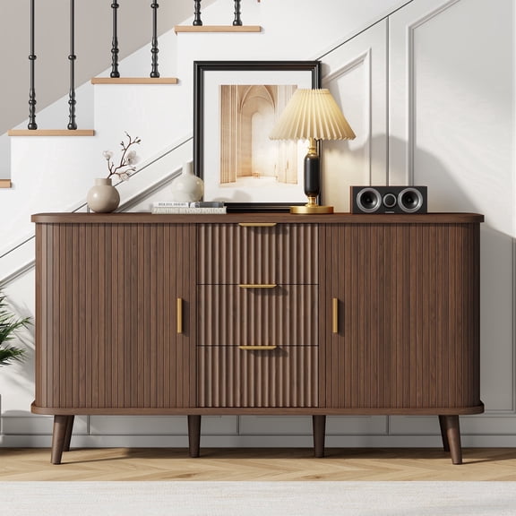 Aufeile Buffet Cabinet with 3 Drawers and Adjustable Shelves, 55" Modern Sideboard Cabinet with Storage for Dining Room, Living Room, Kitchen, Walnut