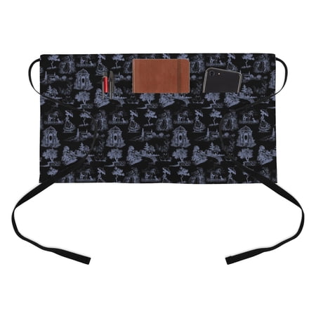 Vintage Farmhouse Kitchen Restaurant Half Waist Apron, Woman Horse Swan Estate Black Server Short Apron with 3 Pockets Waterproof Oil Waist Aprons for Women Waitress Waiter