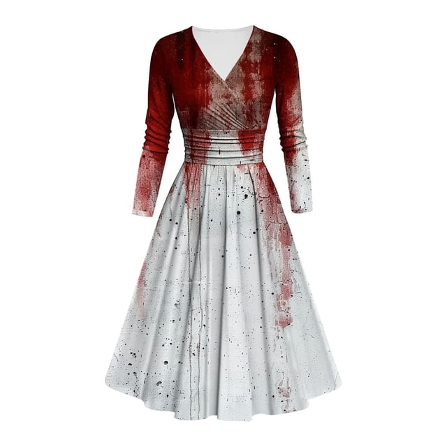 Qiopertar Vente de Liquidation Robe à Manches Longues Col en V Style Imprimé pour Femmes Offres de la Semaine Moins de 5$