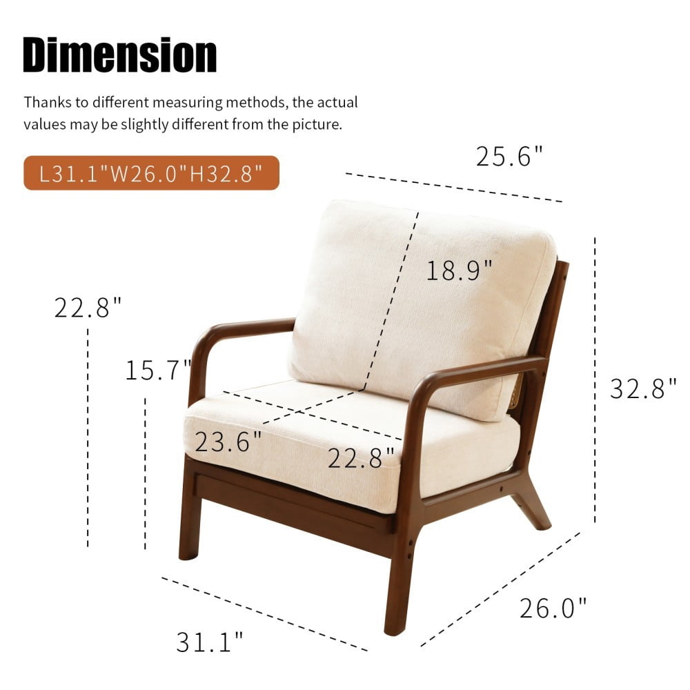 Accent Chair, Modern Upholstered Armchair with Soft Fabric Cushion & Solid Wood Legs, Cozy Reading Chair for Living Room, Bedroom & Apartment, White & Brown
