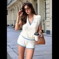 thumbnail image 4 of Conjunto Suéter Verano con Mangas para Mujer, Jersey de Punto con Cuello en V, Camisetas Sin Mangas, Conjunto Suéter y Pantalones Cortos Informales, 2025, , Talla L, 4 of 10