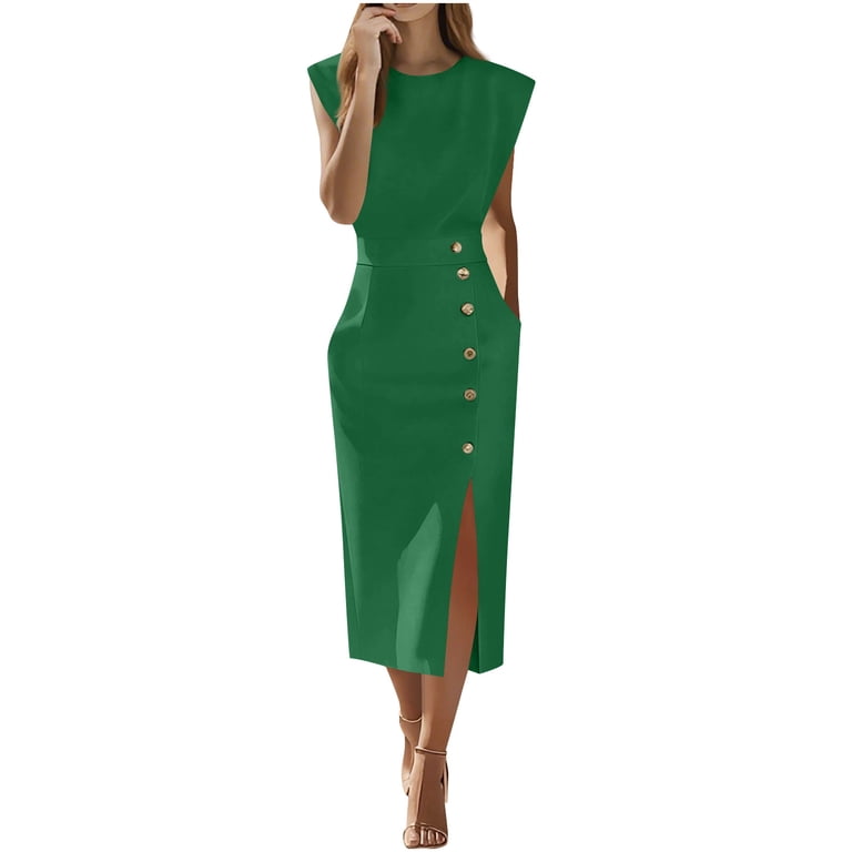 green cocktail dress with pockets QATAINLAV Elegant Office Cocktail Dress for Women Casual Crew Neck Button  Split Hem Business Work Pencil Midi Dresses with Pockets, Green, M