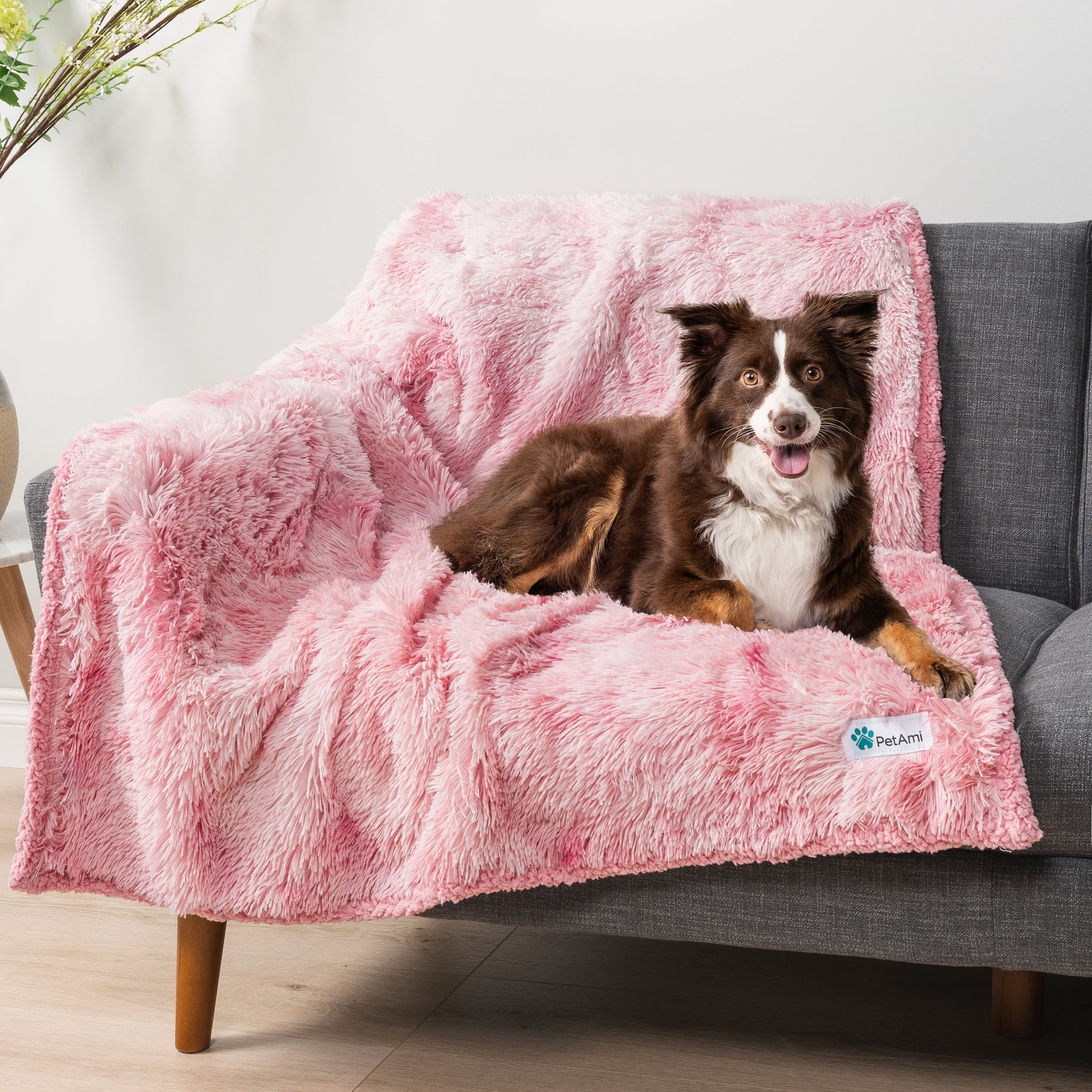 PetAmi WATERPROOF Dog Blanket For Large Dog, Queen Size Calming Pet Blanket Couch Cover Protector, Sherpa Faux Fur Cat Throw for Sofa Furniture Bed, Soft Fluffy XL, 90x90 Tie-Dye Pink