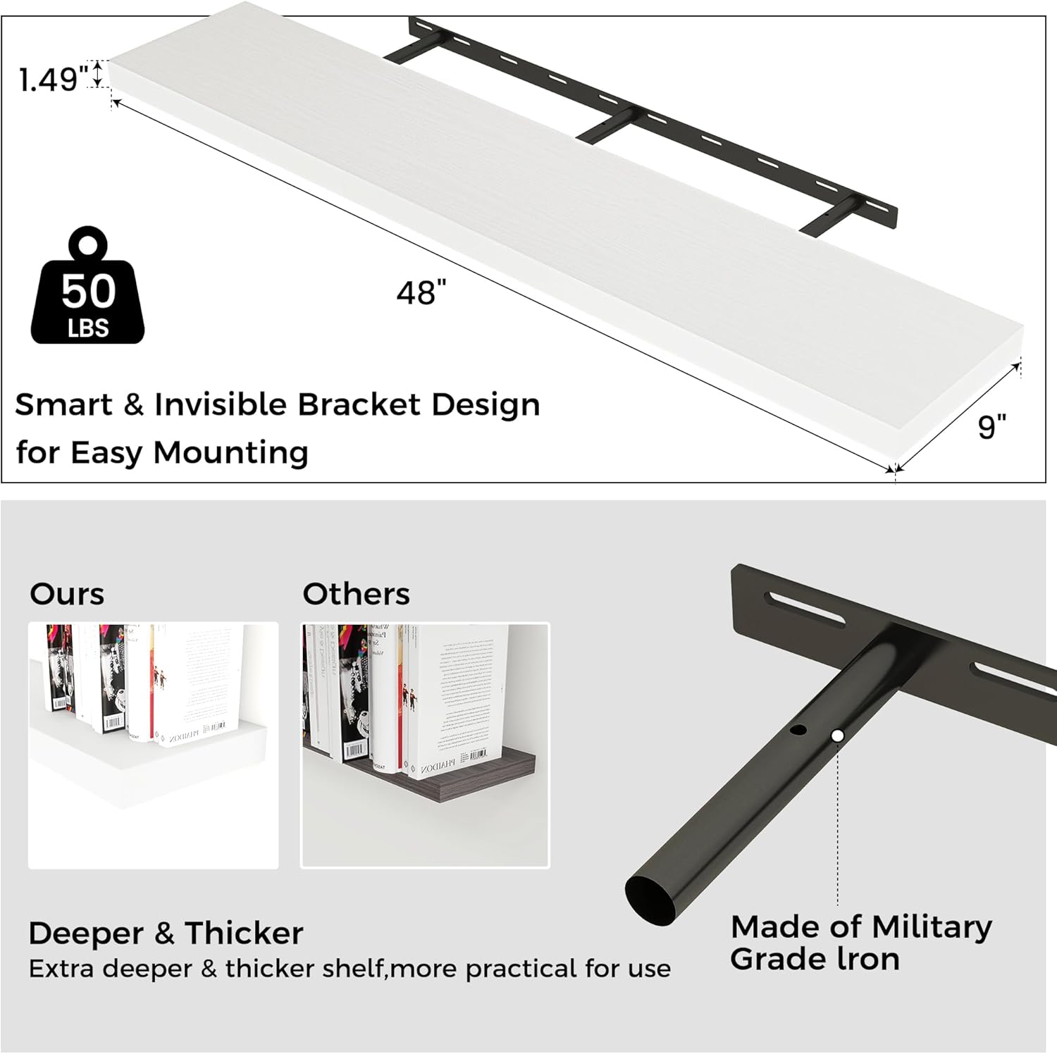 Floating Shelves for Wall, Large Wall Mounted Shelves with Invisible Brackets, Long Wood Floating Wall Shelf Shelves for Living Room, Bedroom, Kitchen, Bathroom Decor (White, 48" W x 9" D x 1.5" H)