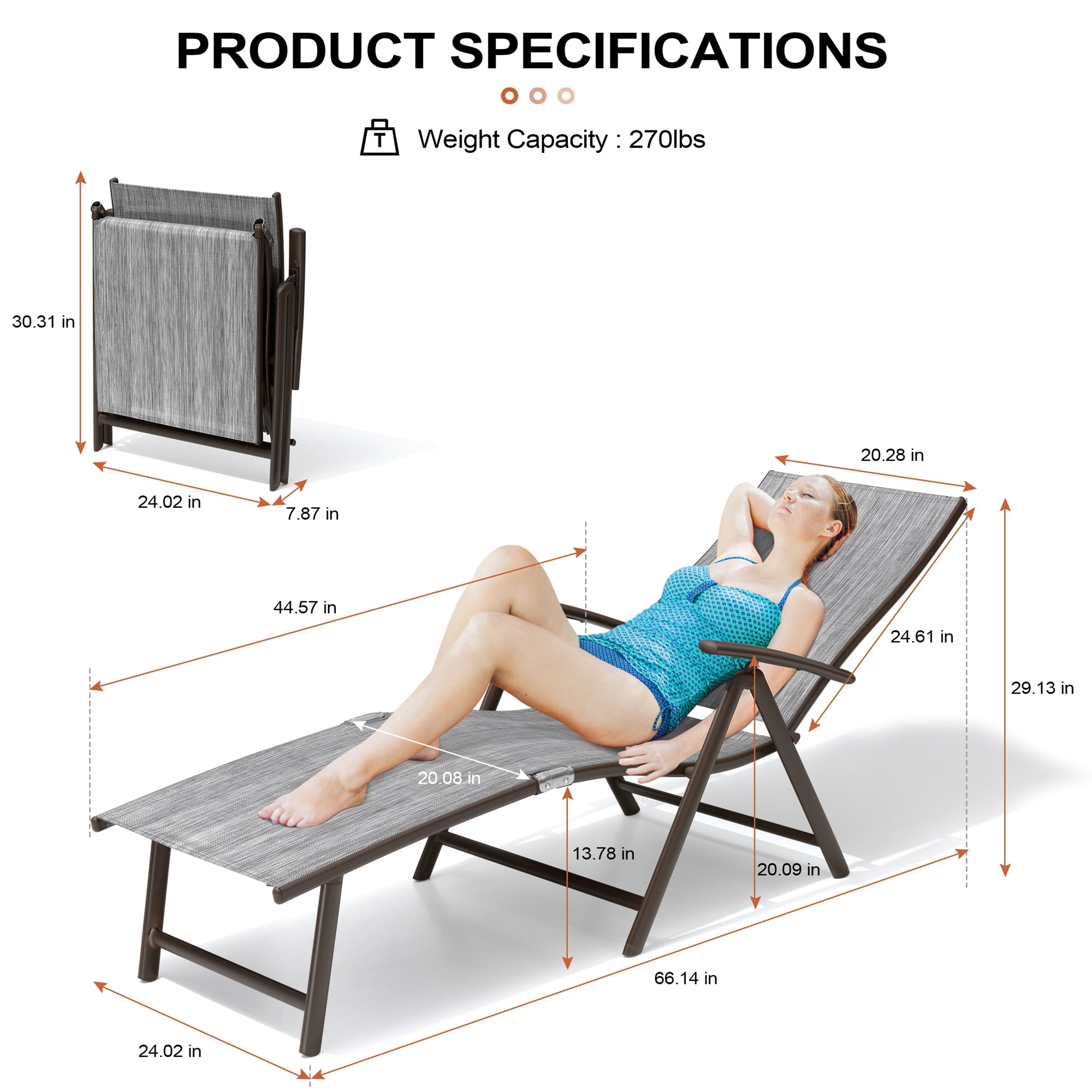 Crestlive Products Outdoor Aluminum Folding Patio Chaise Lounge Chair, Dark Gray
