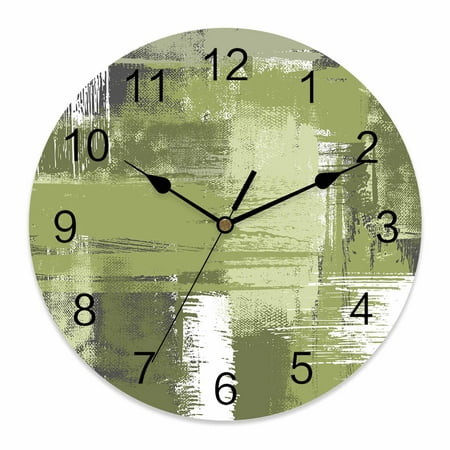 Wall Clock Sage Green Oil Painting Clocks PVC Silent Non-Ticking Battery Operated Decorative Abstract Graffiti Art Round Clock for Home Living Room Kitchen Bedroom Office School Wall Decor 10 Inch