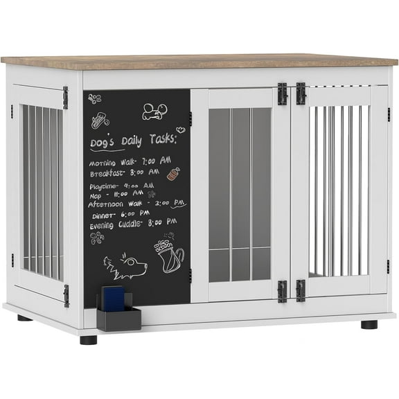 SAEWUD 39" Furniture Style Dog Kennel with Chalkboard, Three Doors, Non-Slip Foot Pads, Large Dog Cage Furniture Side Table - White