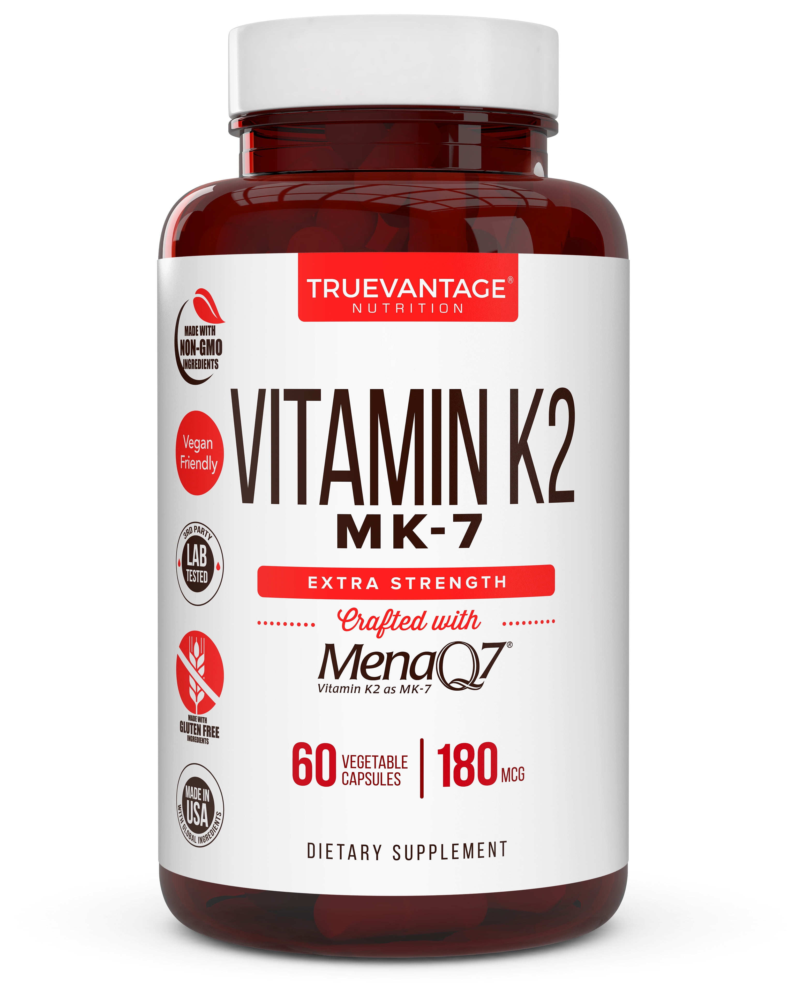 Truevantage Nutrition Vitamin K2 MK-7 MenaQ7 Supplement 180mcg - 60 Vegetable Capsules