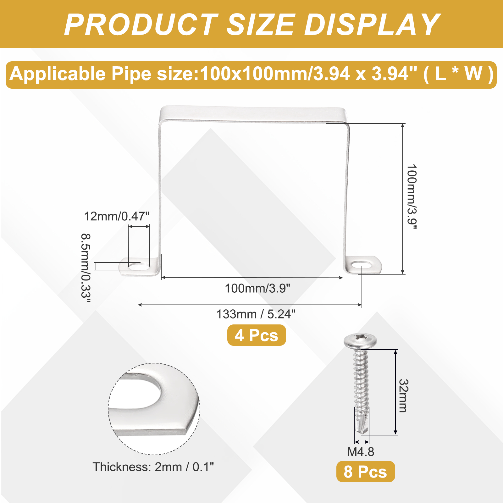 Uxcell 4Pcs U Shape Square Tube Clamp, 100x100mm U Shaped Bracket 304 Stainless Steel Square Strap Clamp with Phillips Head Self Drilling Screws for Pipes Door Closed Bar Holder Railings