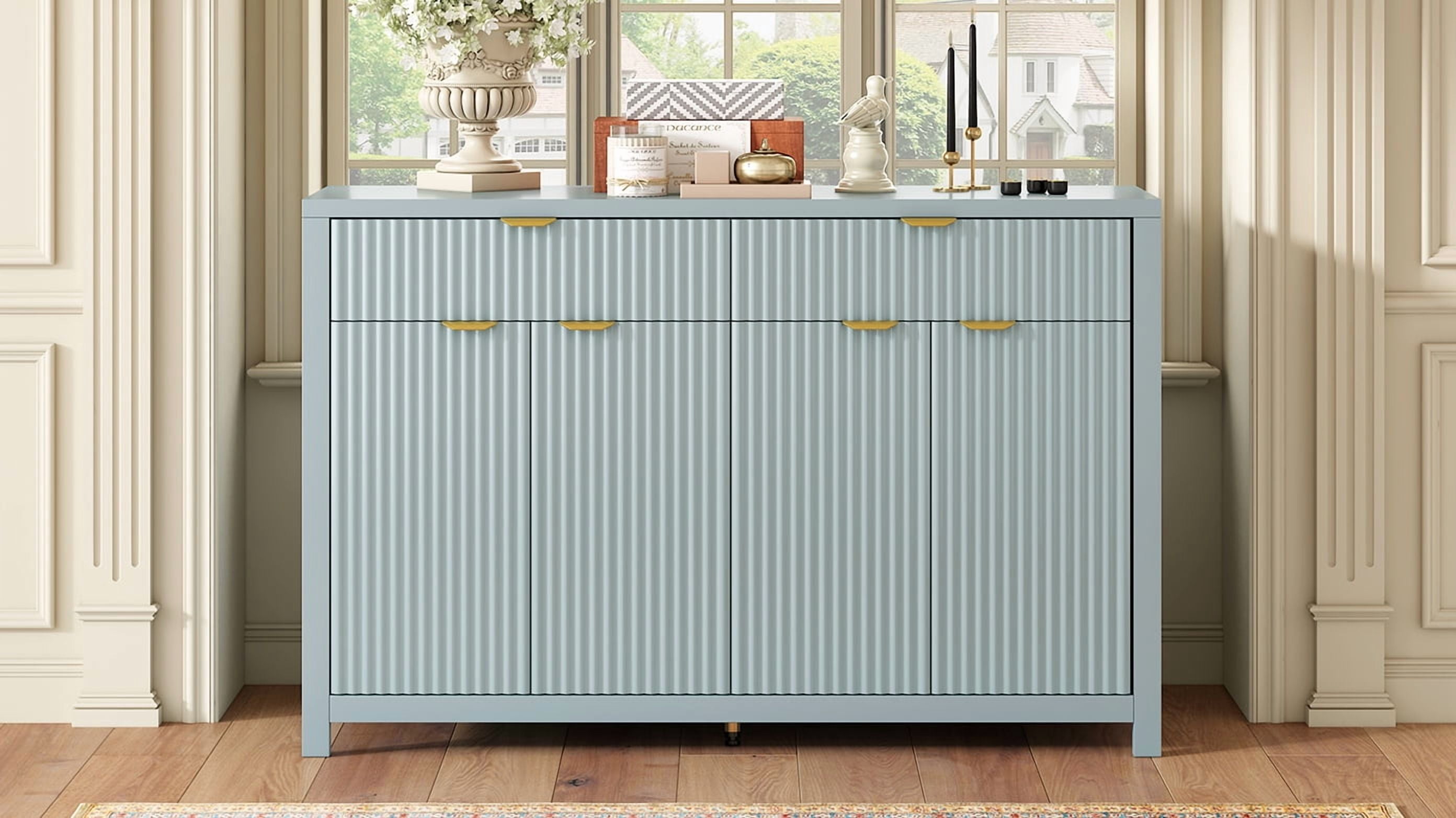 55.1" Sideboard Buffet Cabinet with 2 Drawers & 4 Doors, Adjustable Shelves, Wave-Pattern Design, Aluminum Handles, Painted MDF, Scandinavian Storage for Dining Room, Living Room