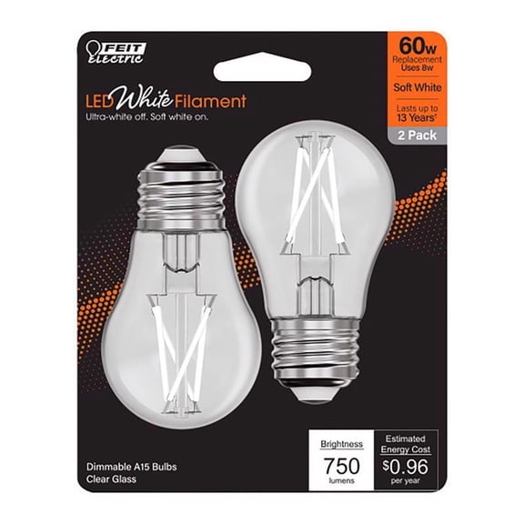 Feit White A15 E26 (Medium) Filament LED Bulb Soft White 60 Watt Equivalence 2 pk