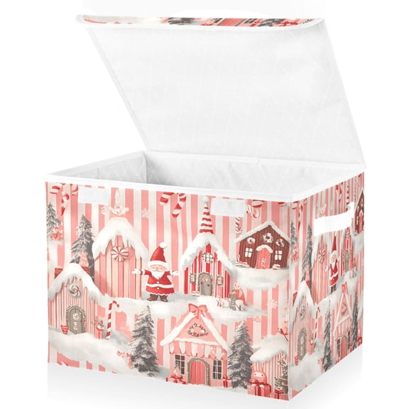 Yayeee Collapsible Cube Storage Bin with Lid Fabric Closet Decorative Basket with Handles, Light Pink Gingerbread Houses
