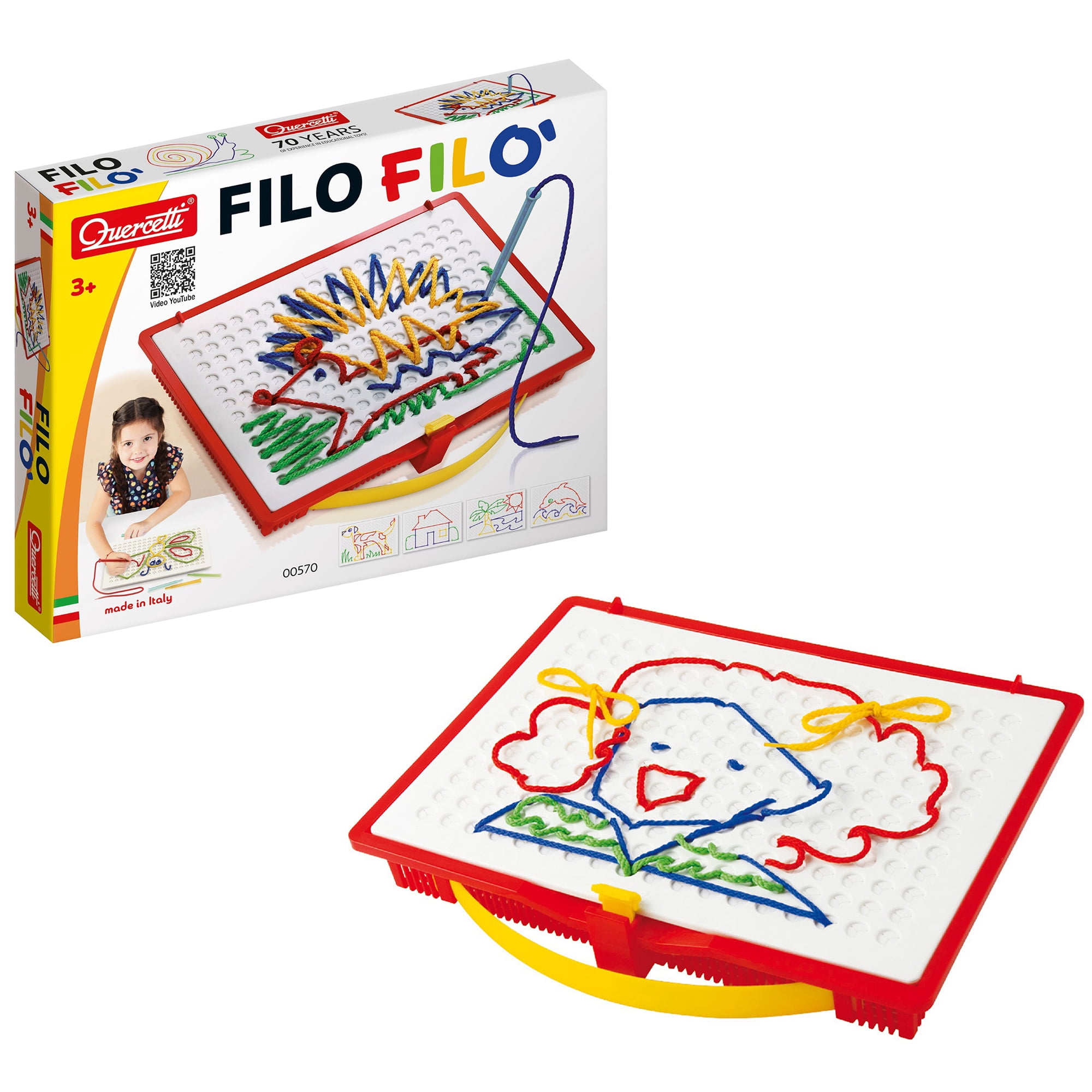 Quercetti: Filo Filo - Lacing Toy, 18 Pattern Templates, Create String Art, Self-Locking Slot Board, Creative Craft Activity, Portable Playset Kids 3+