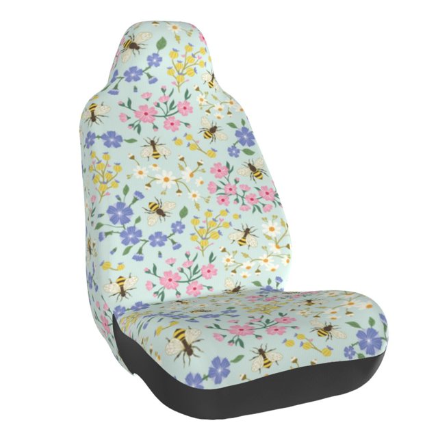 Wukai Honey Bees And Flowers Full Set Car Seat Covers with Soft Padding Universal Auto Front Seats Protector and Cushion Mat
