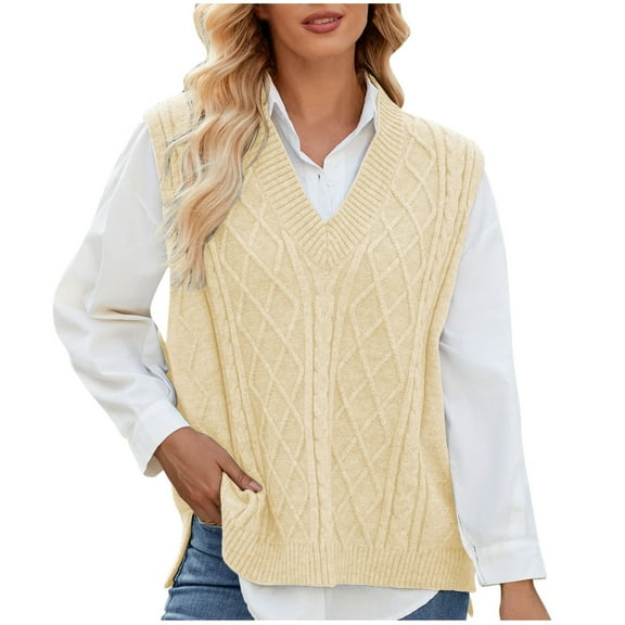 SwiftWear Oversized Sweater Vest Women V Neck Sleeveless Solid Color Loose Cable Knit Pullover Top Beige L