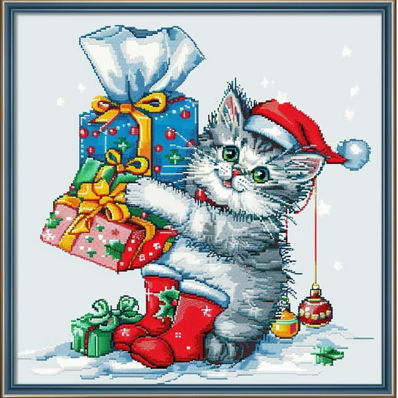 Cute Christmas Cat with Santa Hat DIY 11CT Stamped Cross Stitch Kits for Beginners Easy Needlepoint Embroidery Counted Cross Stitch Art Craft for Wall Decoration 14x14inch(6)
