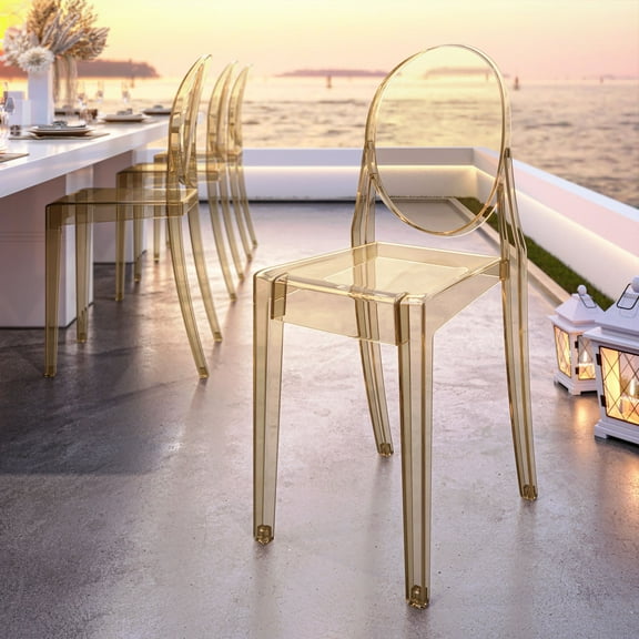 Techni Home Ghost Chair, Set of 4 Stackable Acrylic Chairs for Weddings, Parties, Events, Extra Dining Seating, Modern Versatile for Indoor/Outdoor Use, Amber