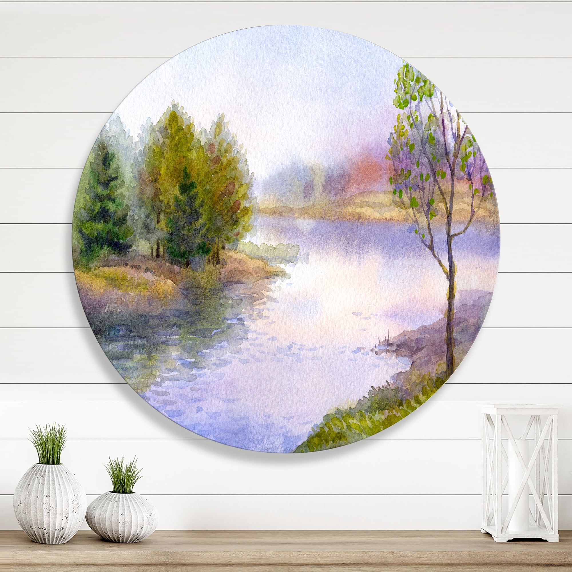 Designart 'Trees On The Bank Of River' Lake House Circle Metal Wall Art 11x11 - Disc of 11