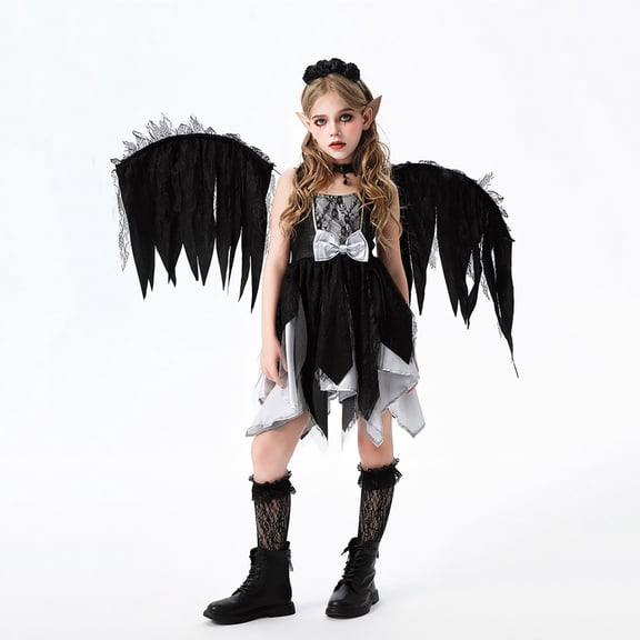 FASHOFT Halloween Dresses For Girls Dark Angel Wings Dress Kids Carnival Party Outfit Halloween Performance Fancy Wear Girls Halloween Black 3-4 Years