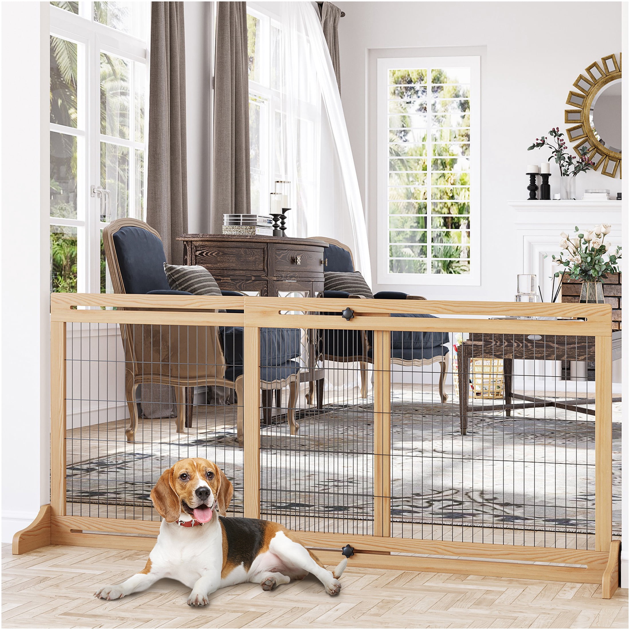 JERFIT Extra Wide Freestanding Pet Gate for Doorways, 41-72 inch Adjustable Wooden Dog Gate with Steel Mesh, Ideal for Hallways & Stairs, Natural Finish