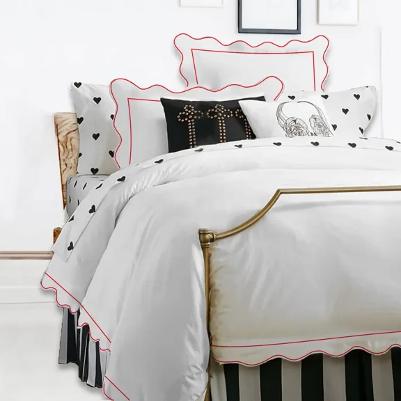 400TC Cotton Scallop Embroidery & Border Sateen Solid Duvet Cover Set in Queen size, Red Scallop and border