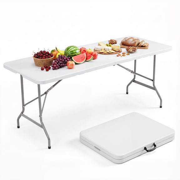 CONCETTA 6FT Folding Table, Heavy Duty HDPE Fold-in-Half Table with Carry Handle, 70in×27.5in×29in, 300 lb Capacity, Indoor Outdoor, White