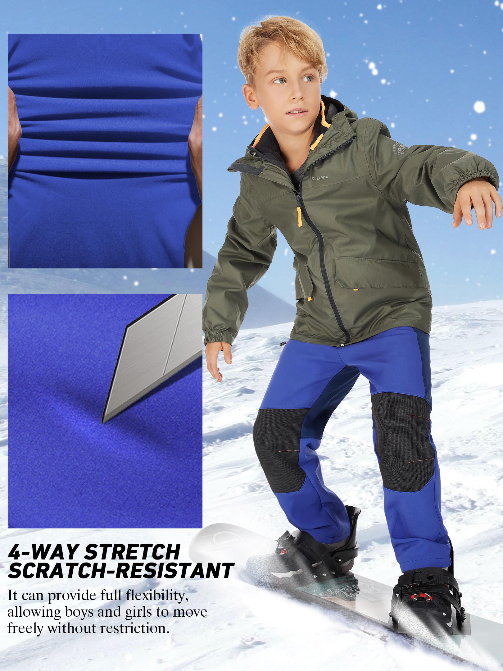FEN AI Boy's Kids Youth Ski Snow Pants Windproof Waterproof Hiking Pant Expandable Waist Soft Shell Winter Warm Insulated Trousers Blue Size 4-5