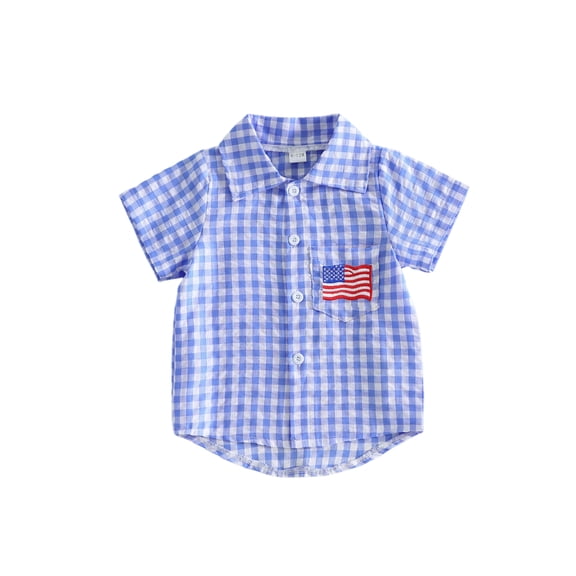 BemeyourBBs Toddler Baby Boy Girl 4th of July Shirt Outfit Kids Patriot Independence Day Shirt Summer Clothes Plaid Print America Flag Embroidery Short Sleeve Lapel Button Down Shirt Tops