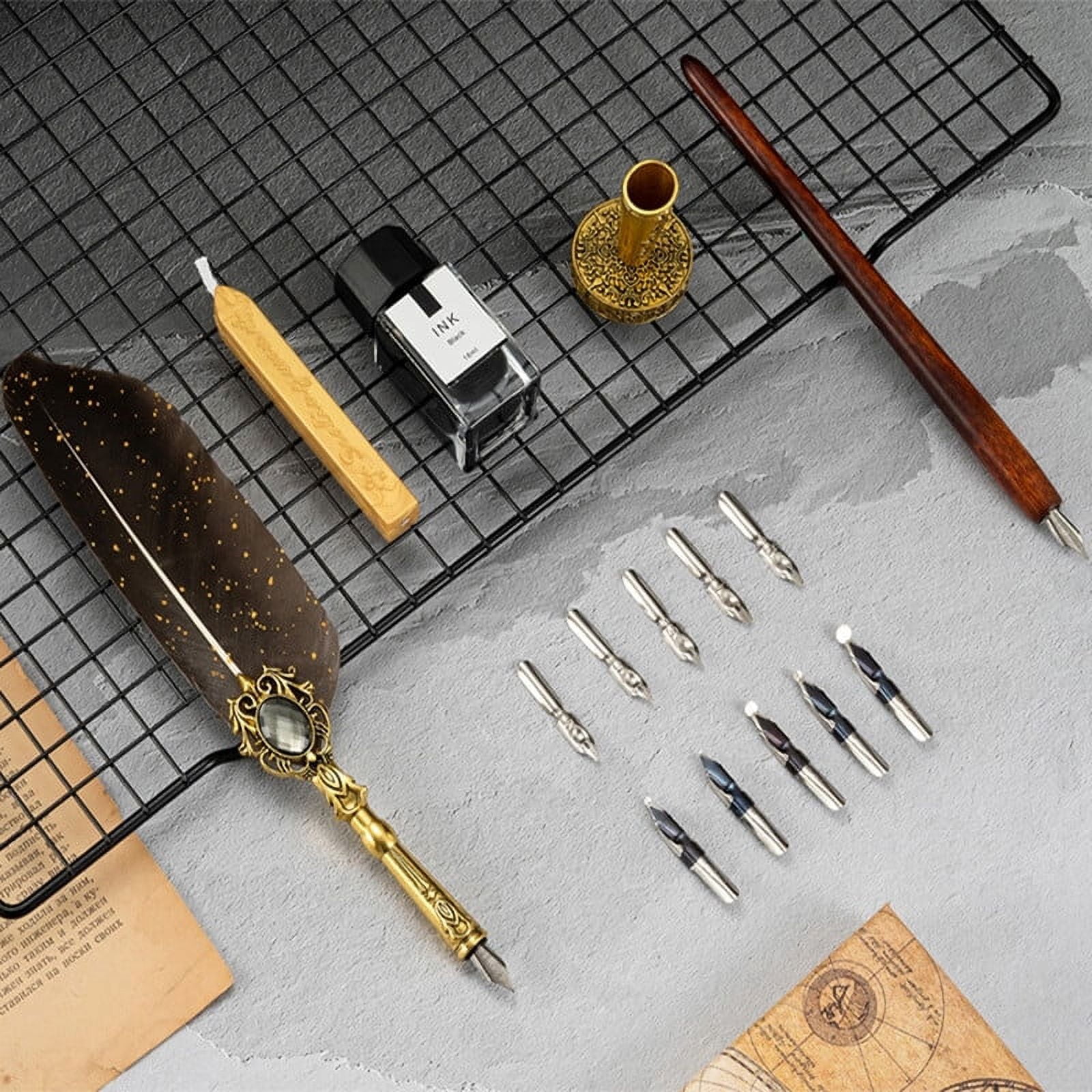 Papaba Quill Pen Set,1 Set 0.5mm Nice-looking Quill Pen Set Smooth Writing Copper Comfortable Grip Quill Pen Ink Set Stationery Supplies