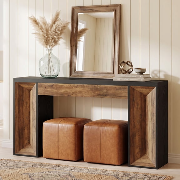 Fnova 63" Farmhouse Console Table, Dual-Tone Narrow Entryway Table, Long Wooden Sofa Table for Living Room, Hallway, Foyer