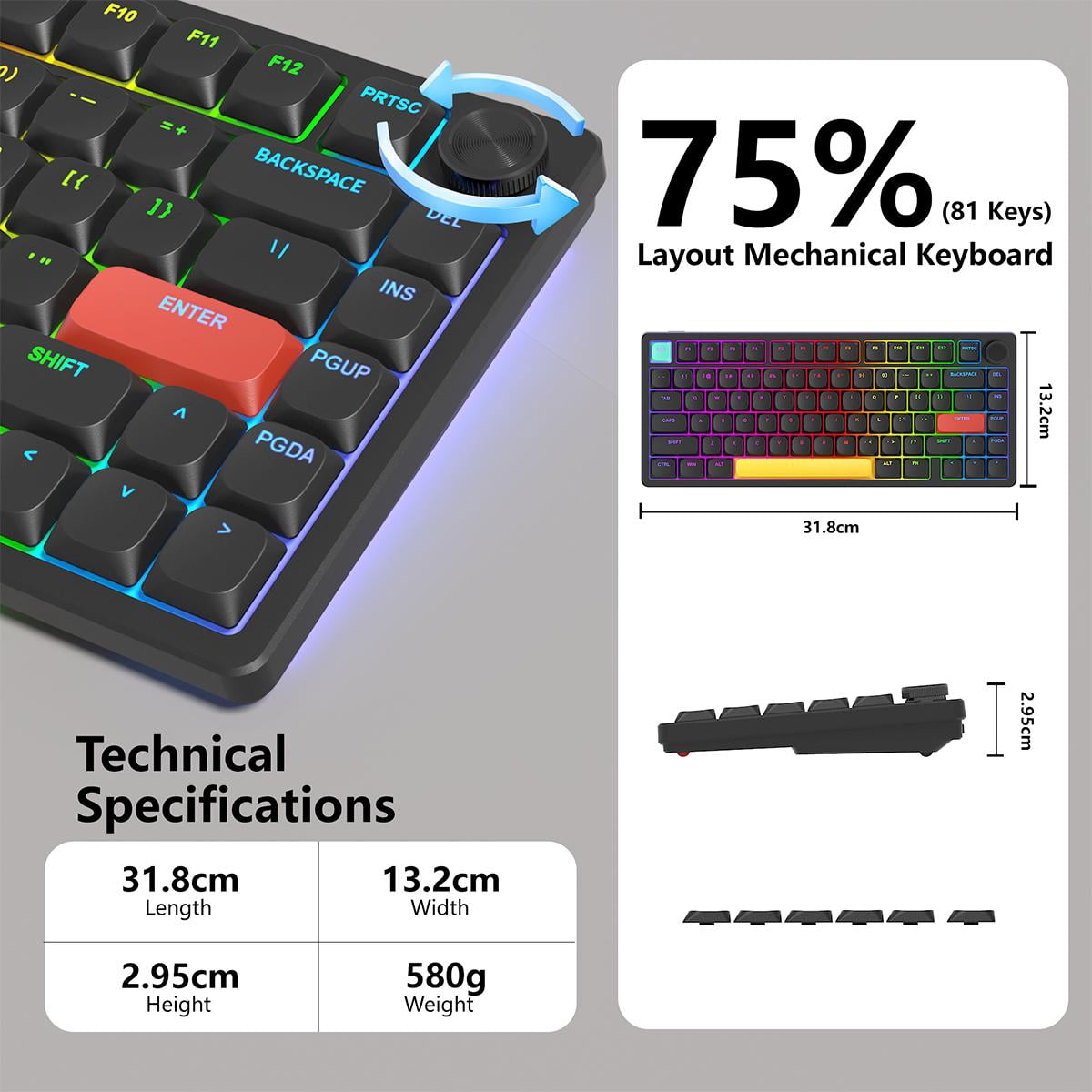 MageGee 82% Compact RGB Backlit Gaming Keyboard with Red Switch , BT5.0/2.4GHz/USB-C Ultra-Thin Design RGB Backlit Office Keyboard, 8000mAh Battery