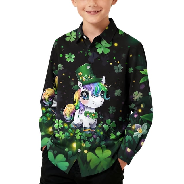 Blusa y camisa de manga larga con cuello vuelto para niños, camisa informal de moda para niños y niñas, camisa de manga larga con estampado del Día de San Patricio, camisa de manga larga con cuello vu
