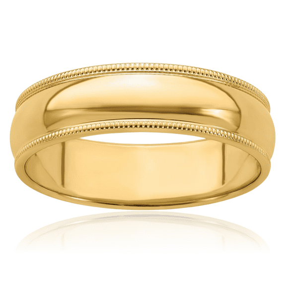 14K Solid Yellow Gold 6mm Milgrain Half Round Plain Classic Wedding Band Ring