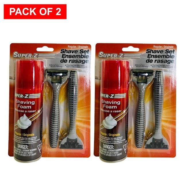 Kit de viaje y espuma de afeitar Super Z regular con 2 maquinillas de afeitar paquete de 2