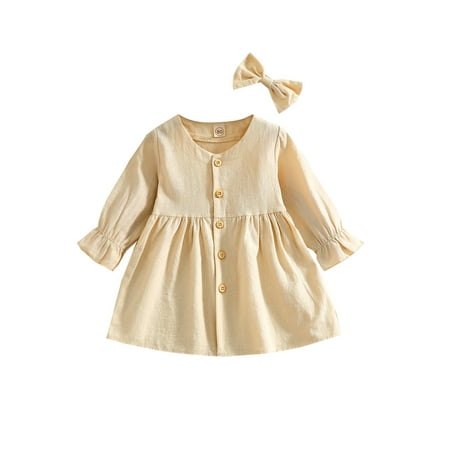 

Fanvereka Infant Baby Girls 2Pcs Spring Outfits V Neck Button Down Dress Hair Bow Set
