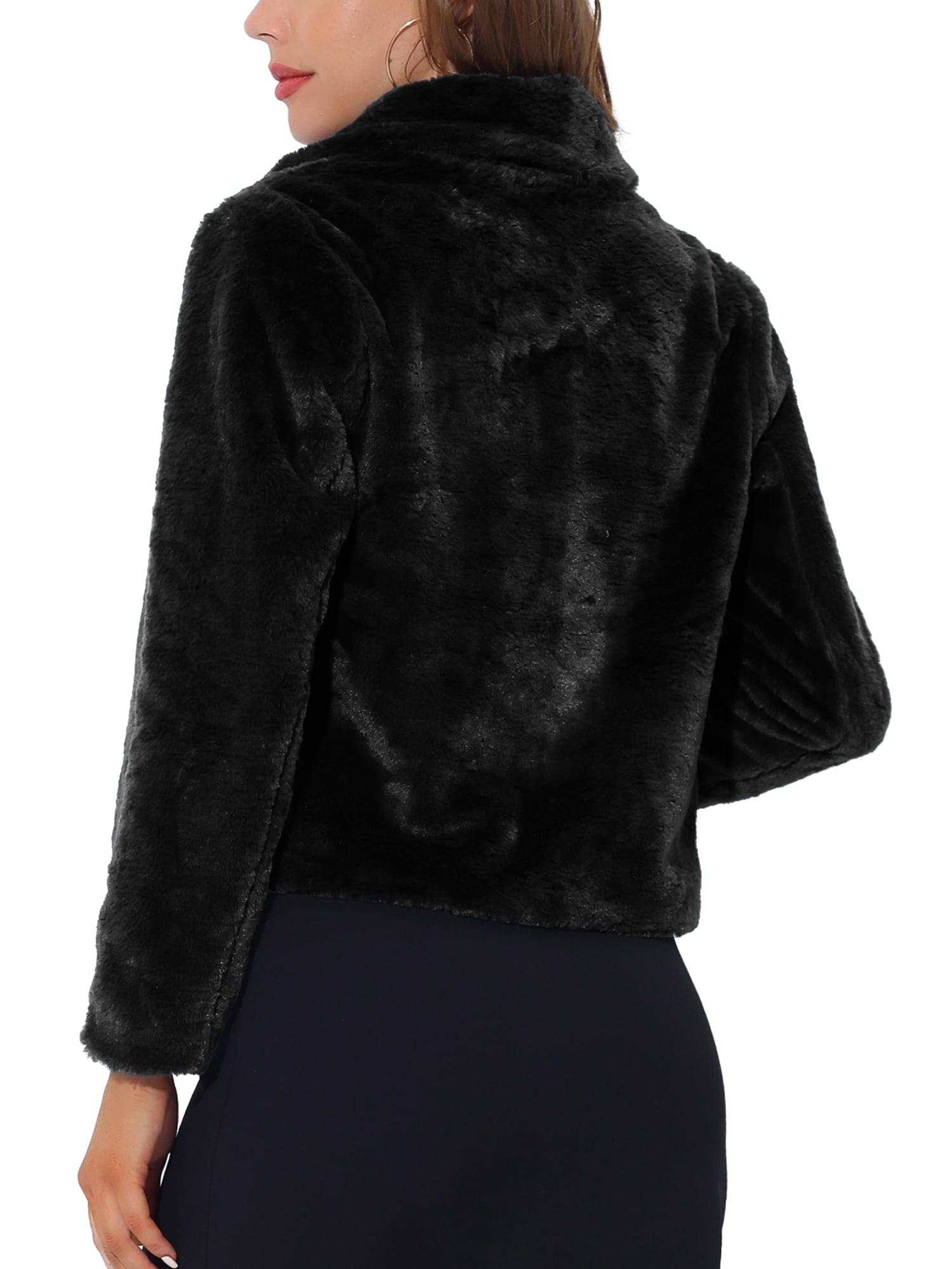 DARING DIVA Women's Cropped Notch Lapel Faux Fur Fluffy Coat XL Black