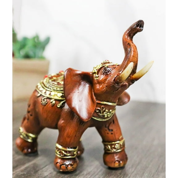 Feng Shui Faux Wood Right Facing Trunk Up Elephant With Golden Tapestry Figurine