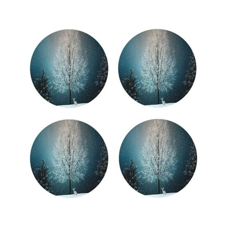 

Matuu Winter Rabbit for Cup Coasters Set of 4 Leather Coasters Desk Coasters for Office Measures 4” x 4”-Round Shape